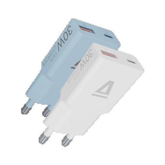 Hálózati töltő, GaN, USB-A + USB-C, AVAX "CH6411 Nano Slim", 2 db, fehér + világoskék Hálózati töltő, GaN, USB-A + USB-C, AVAX "CH6411 Nano Slim", 2 db, fehér + világoskék