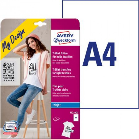 Fólia, vasalható, A4, tintasugaras nyomtatóba, világos textilhez, AVERY ZWECKFORM