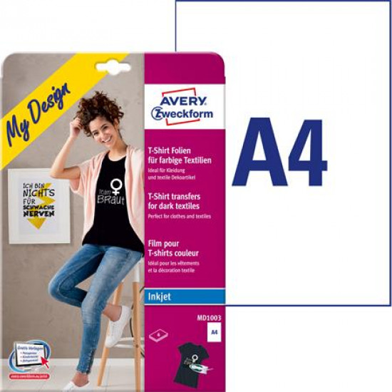 Fólia, vasalható, A4, tintasugaras nyomtatóba, sötét és színes textilhez, AVERY ZWECKFORM
