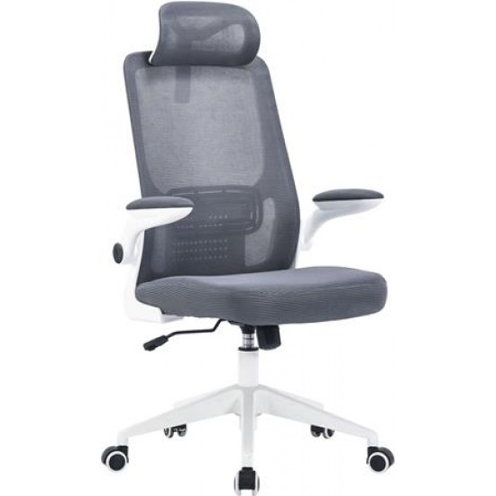 Irodai forgószék, szürke hálós háttámla, szürke szövetborítás, fehér műanyag váz és lábkererszt, "Mulberry"