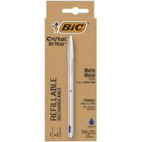 Golyóstoll 0,32 mm, kupakos, matt ezüst színű tolltest, BIC "Cristal Re`New", kék + betét
