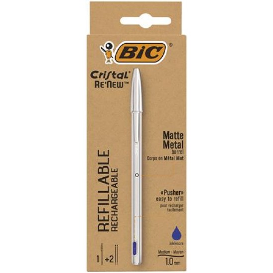 Golyóstoll 0,32 mm, kupakos, matt ezüst színű tolltest, BIC "Cristal Re`New", kék + betét