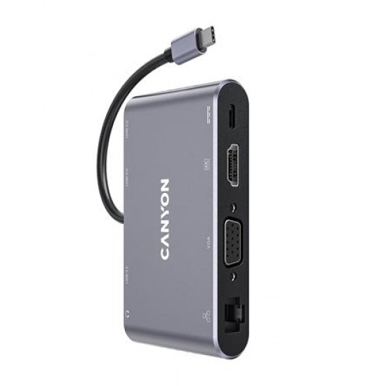 USB elosztó-HUB, USB-C/USB 3.0/HDMI/VGA/Ethernet/audio, CANYON "DS-14"