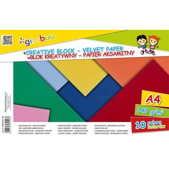 Színes bársonypapír tömb, A4, 140 g, 10 lap,"Gimboo", 10 különböző szín Színes bársonypapír tömb, A4, 140 g, 10 lap,"Gimboo", 10 különböző szín