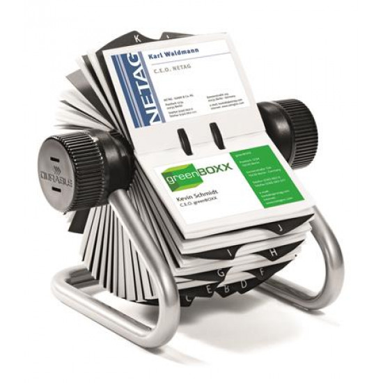 Névjegykártyatartó, fém, 400 db-os, forgatható, fekvő, DURABLE, "VISIFIX®", ezüst
