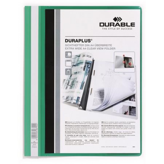 Gyorsfűző, A4, széles, panorámás, DURABLE "DURAPLUS®", zöld