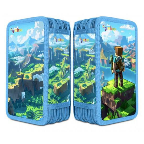 Tolltartó, töltött, 3 emeletes, cipzáras, "Gimboo", kék, építőkockás