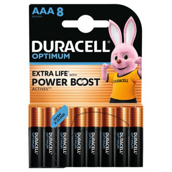 Elem, AAA mikro, 8 db, műanyagmentes, DURACELL "Optimum"