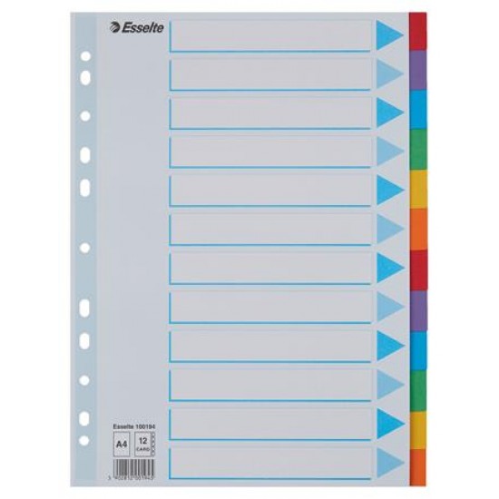 Regiszter, karton, A4, 12 részes, írható előlappal, ESSELTE "Standard", színes