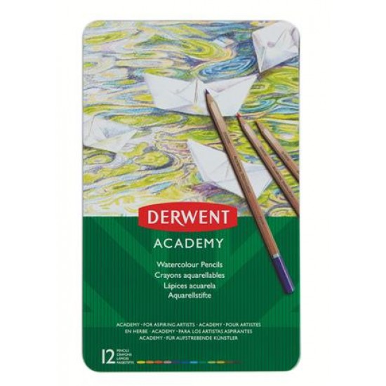 Akvarell ceruza készlet, fém doboz, DERWENT "Academy", 12 különböző szín