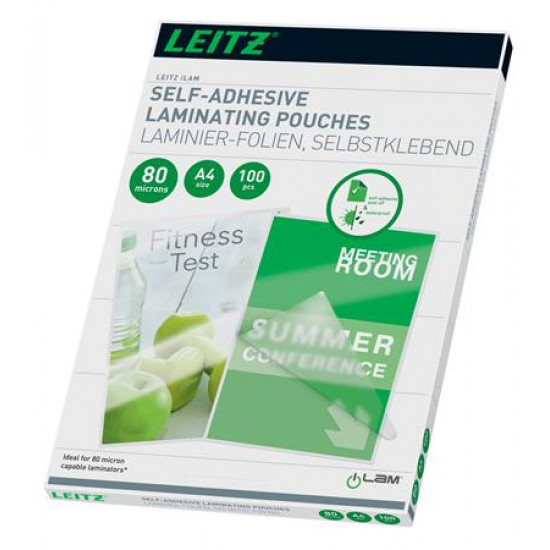 Meleglamináló fólia, 80 mikron, A4, fényes, öntapadó, LEITZ