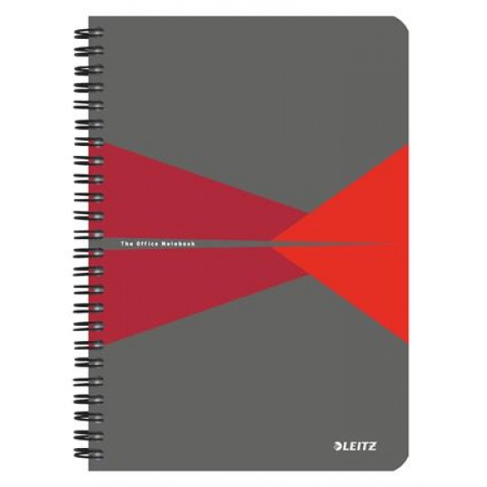 Spirálfüzet, A5, vonalas, 90 lap, PP borító, LEITZ "Office", szürke-piros