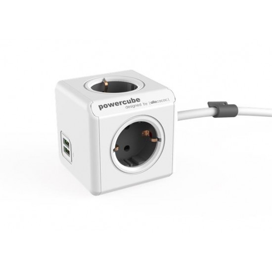 Elosztó, 4 aljzat, 2 USB csatlakozó, 1,5 m kábelhosszúság, ALLOCACOC "PowerCube Extended USB DE", fehér-szürke