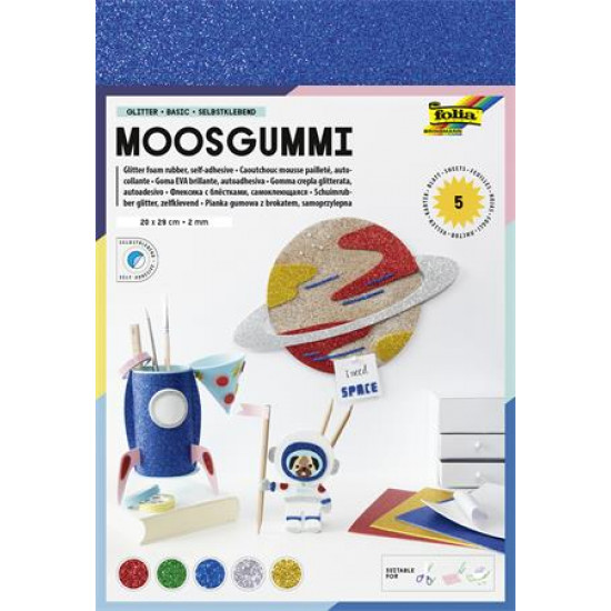 Moosgumi, öntapadó, csillámos, 20x29 cm, 5 lap, FOLIA "Basic", 5 különböző szín