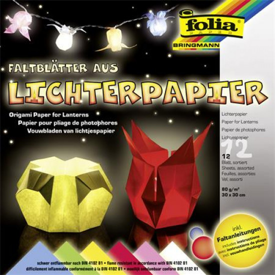 Origami papír, lámpáshoz, 30x30 cm, 80 g, 12 lap, FOLIA, vegyes színek