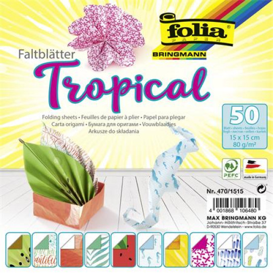 Origami papír, 15x15 cm, 80 g, 50 lap, FOLIA "Tropical", 10 különböző minta