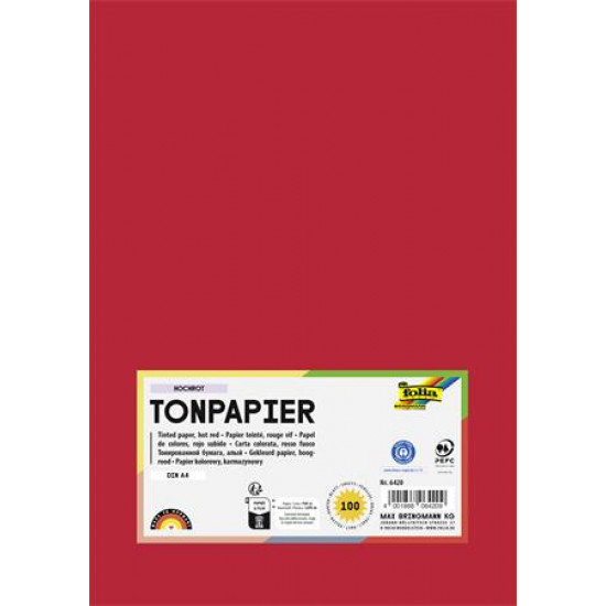 Színes papír, A4, 130 g, 100 lap, FOLIA, élénkvörös