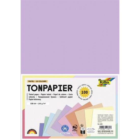 Színes papír, A4, 130 g, 10x10 lap, FOLIA, „Pastel”, vegyes színek