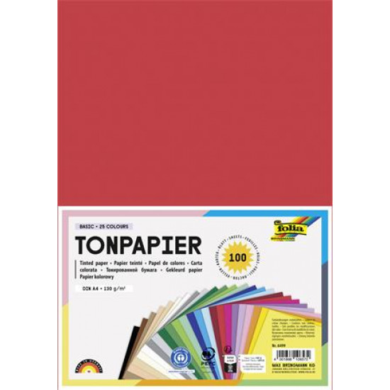 Színes papír, A4, 130 g, 4x25 lap, FOLIA, vegyes színek