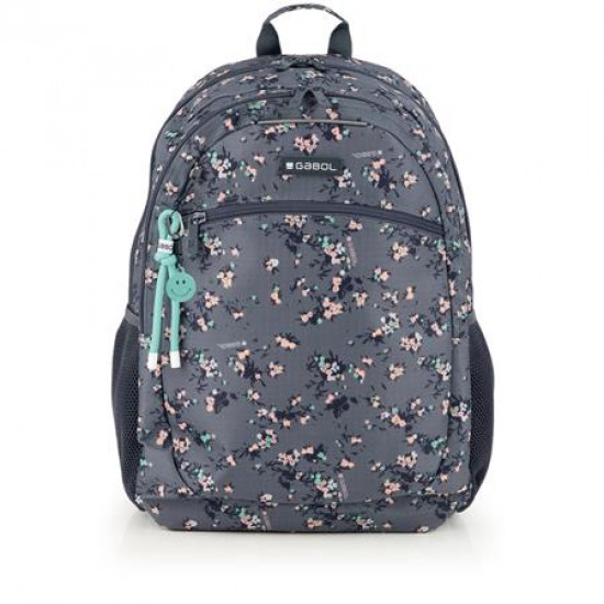Hátizsák, iskolatáska, cipzáras, GABOL "Secret", szürke, virágmintás