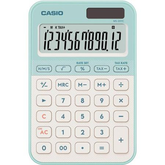 Számológép, asztali, 12 számjegy, CASIO, "MS 20 YC", világoszöld