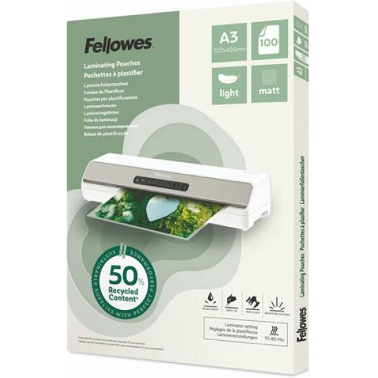 Meleglamináló fólia, 80 mikron, A3, matt, 100 db, FELLOWES "Light" Meleglamináló fólia, 80 mikron, A3, matt, 100 db, FELLOWES "Light"