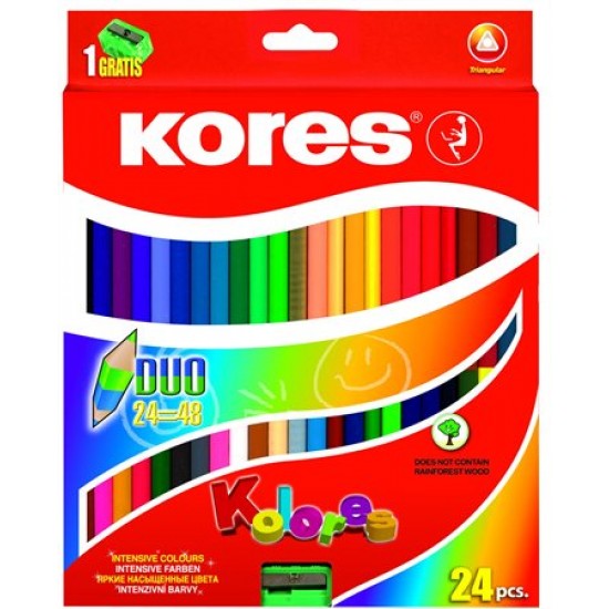Színes ceruza készlet, kétvégű, háromszögletű, KORES "Duo", 48 különböző szín