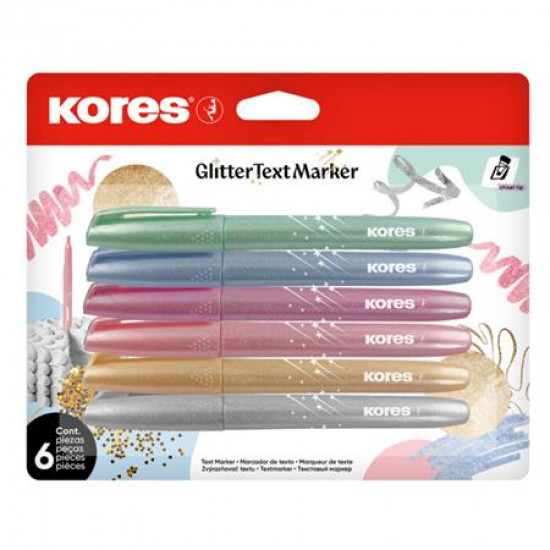 Szövegkiemelő készlet, 3-5 mm, KORES "Glitter", 6 különböző csillámos szín