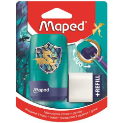 Hegyező és radír, kétlyukú, tartályos, pótradírral, MAPED "Connect Dragon", sárkány