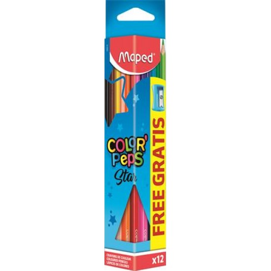 Színes ceruza készlet, háromszögletű, hegyezővel, MAPED "Color`Peps", 12 különböző szín