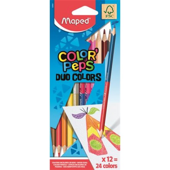 Színes ceruza készlet, kétvégű, háromszögletű, MAPED "Color`Peps Duo", 24 különböző szín