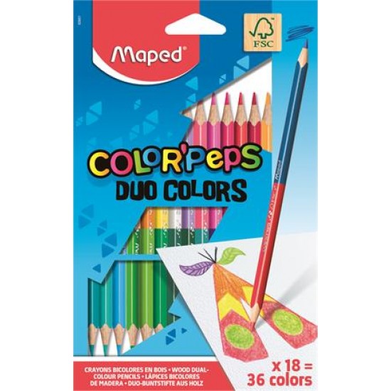 Színes ceruza készlet, háromszögletű, kétvégű, MAPED "Color`Peps Duo", 36 különböző szín