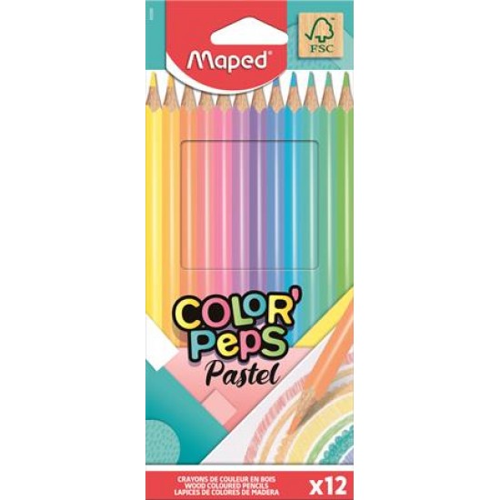 Színes ceruza készlet, háromszögletű, MAPED "Color`Peps Pastel", 12 különböző pasztell szín