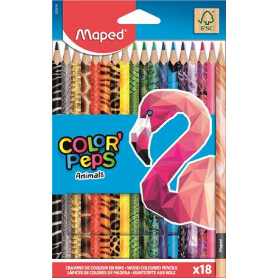 Színes ceruza készlet, háromszögletű, MAPED "Color`Peps Animal", 18 különböző szín