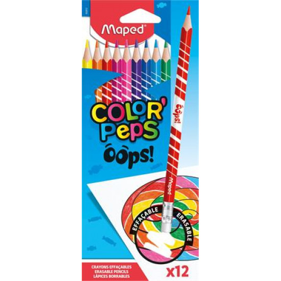 Színes ceruza készlet, háromszögletű, radírozható, MAPED "Color`Peps Oops", 12 különböző szín