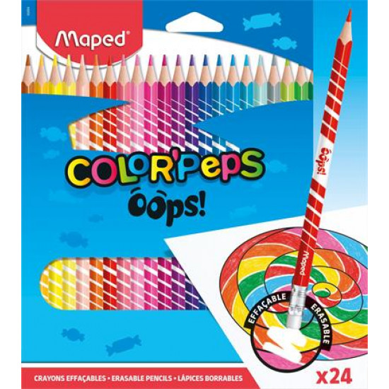 Színes ceruza készlet, háromszögletű, radírozható, MAPED "Color`Peps Oops", 24 különböző szín