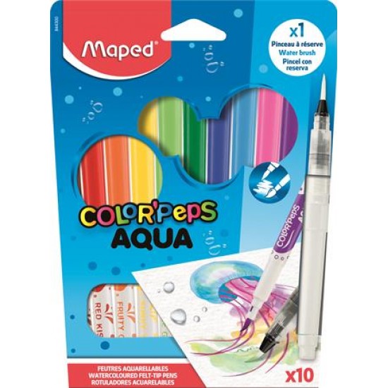 Akvarell filctoll készlet, 3,6 mm, ecsettel, MAPED "Color`Peps Aqua", 10 különböző szín