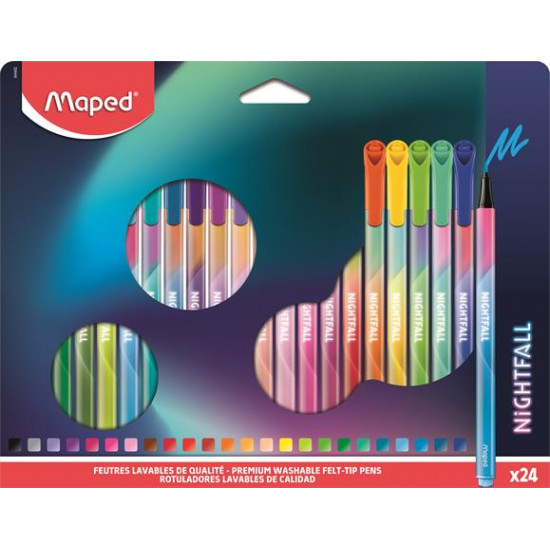 Filctoll készlet, 2,5 mm, kimosható, MAPED "Nightfall", 24 különböző szín