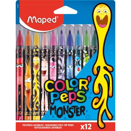 Filctoll készlet, 2,8 mm, kimosható, MAPED "Color`Peps Monster" 12 különböző szín