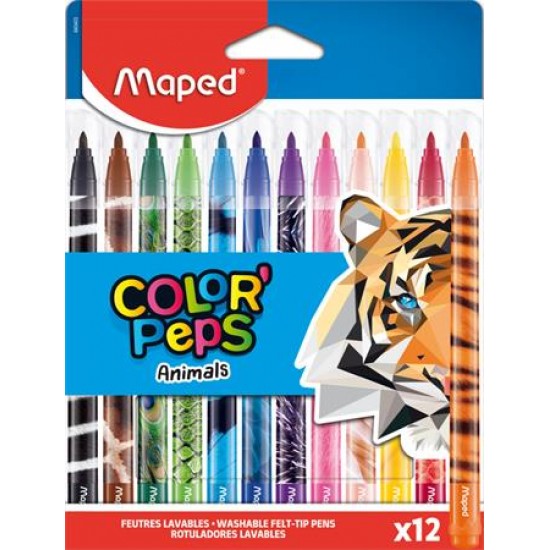 Filctoll készlet, 2,8 mm, kimosható, MAPED "Color’Peps Animals", 12 különböző szín