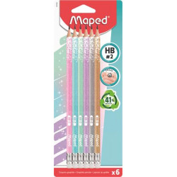 Grafitceruza radírral, HB, háromszögletű, MAPED "Black`Peps Glitter Deco", vegyes pasztell színek