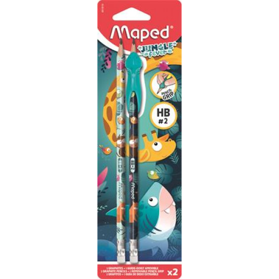 Grafitceruza radírral, HB, háromszögletű, ceruzafogóval, MAPED "Jungle Fever", kétféle minta