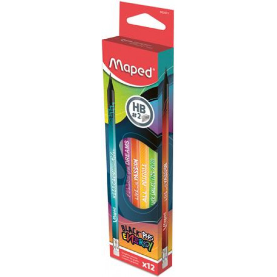 Grafitceruza radírral, HB, háromszögletű, MAPED "Black`Peps Energy", 6 különböző minta