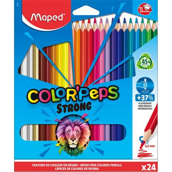 Színes ceruza készlet, háromszögletű, MAPED "Color`Peps Strong", 24 különböző szín