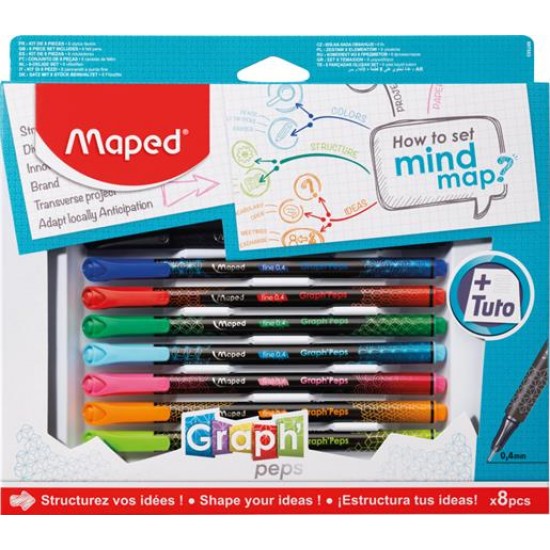 Tűfilc készlet, 0,4 mm, MAPED "Graph`Peps - How to Mind Map Box", 8 különböző szín