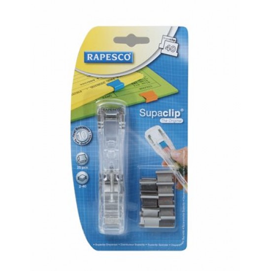 Kapocsadagoló, ezüst kapcsokkal, RAPESCO, "Supaclip 40", átlátszó