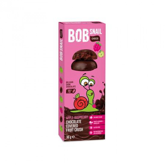 Gyümölcs snack, 30 g, BOB SNAIL, alma-málna étcsokoládéban