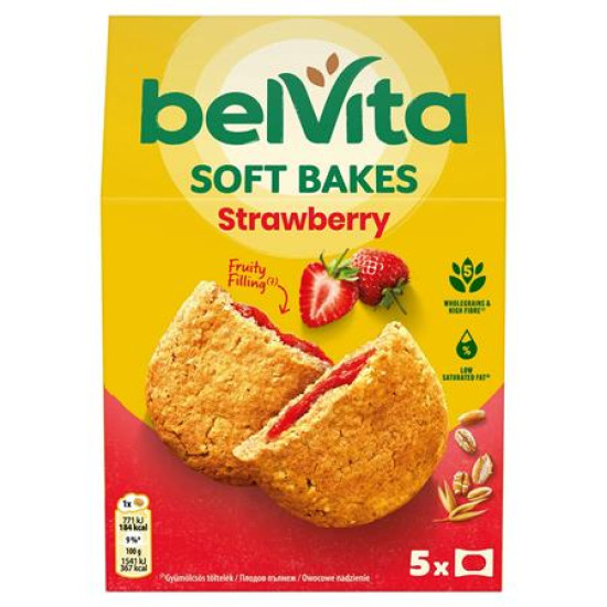 Keksz, 5x50 g, BELVITA "Jó reggelt! Softy" epres töltelékkel