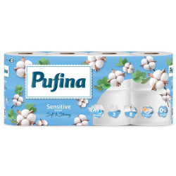 Toalettpapír, 3 rétegű, kistekercses, 8 tekercs, PUFINA "Sensitive Aquabond", illatmentes Toalettpapír, 3 rétegű, kistekercses, 8 tekercs, PUFINA "Sensitive Aquabond", illatmentes