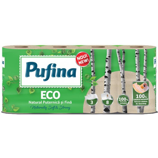 Toalettpapír, 3 rétegű, kistekercses, 8 tekercs, PUFINA "Eco", fehérítetlen és vegyszermentes